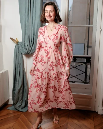 Rochie evazata cu imprimeu floral 4695D, Roz 17076, Roz