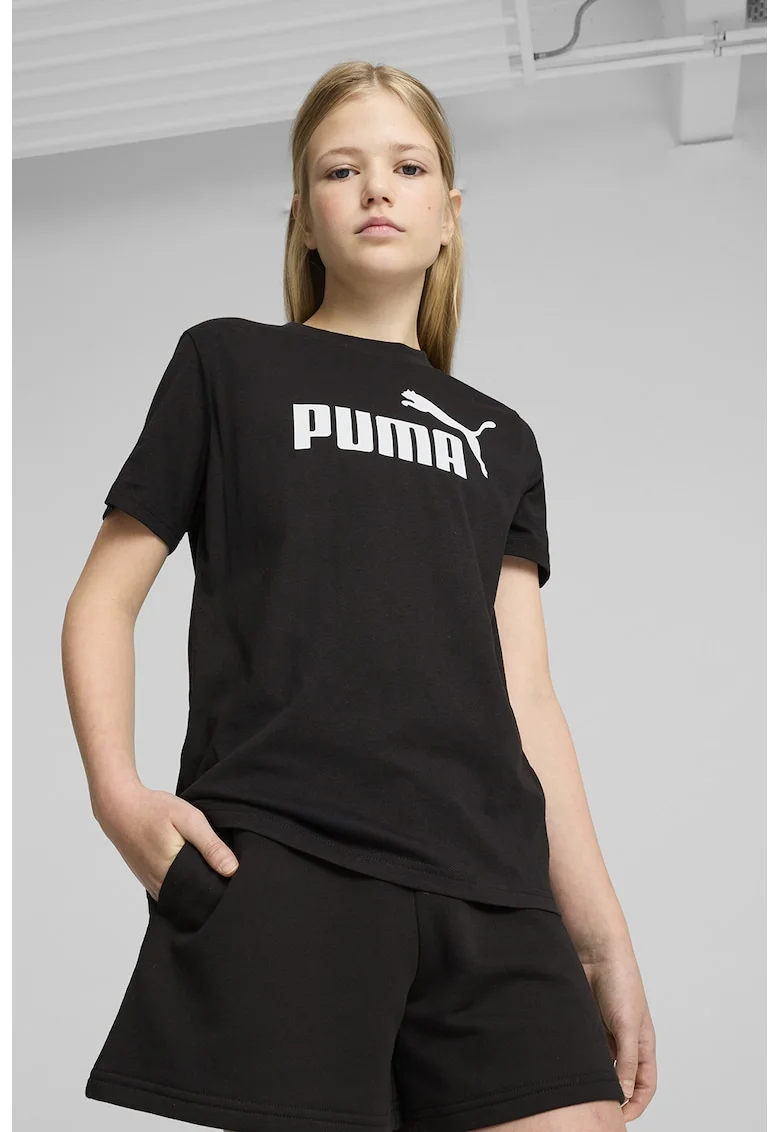 Tricou cu decolteu la baza gatului si imprimeu logo, Negru/Alb murdar
