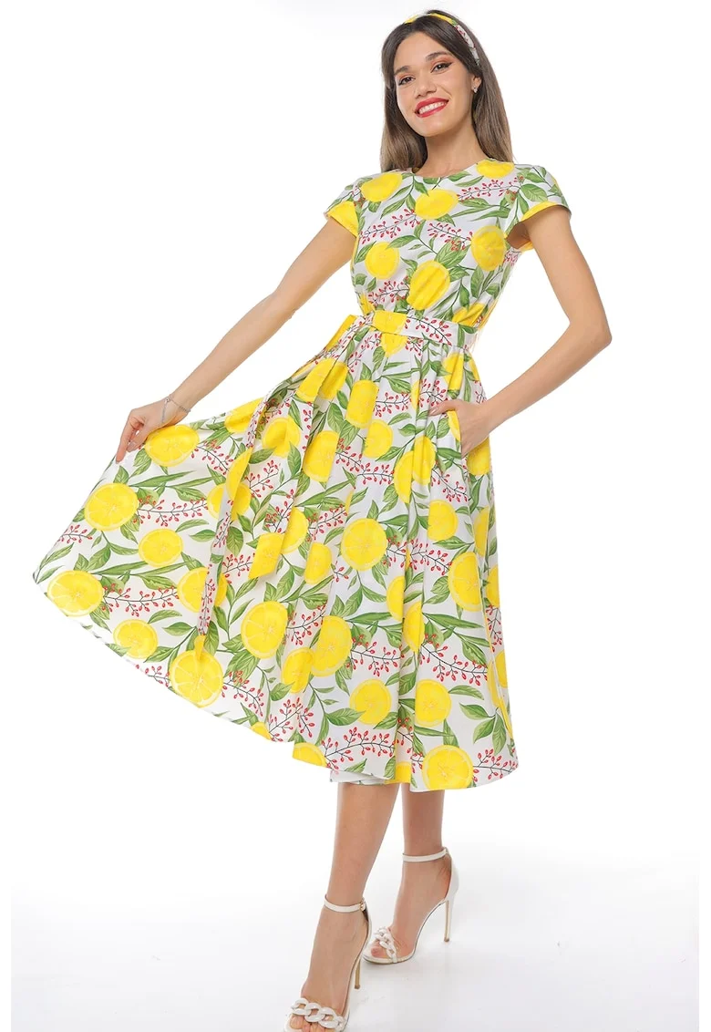 Rochie midi cu croiala evazata si maneci scurte, Verde/Alb optic