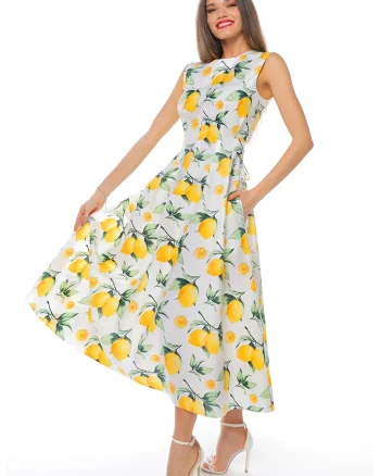 Rochie uni cu buzunare laterale, Alb/Verde/Galben