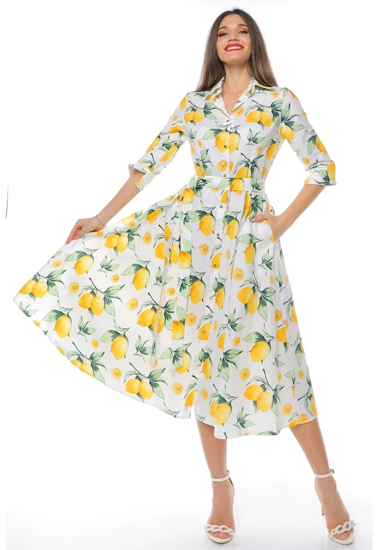 Rochie-camasa evazata cu cordon in talie, Alb/Galben