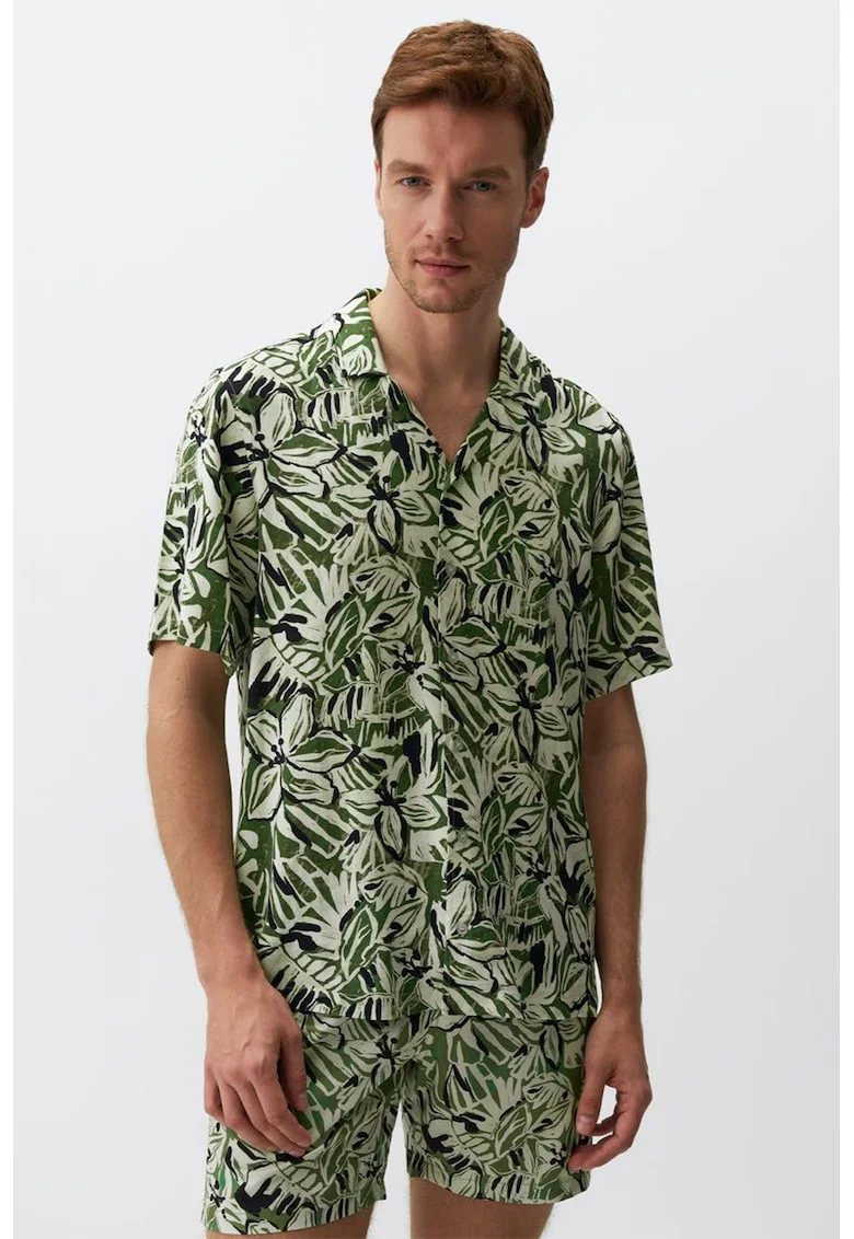 Camasa din amestec de in cu model si maneci scurte, Verde/Negru