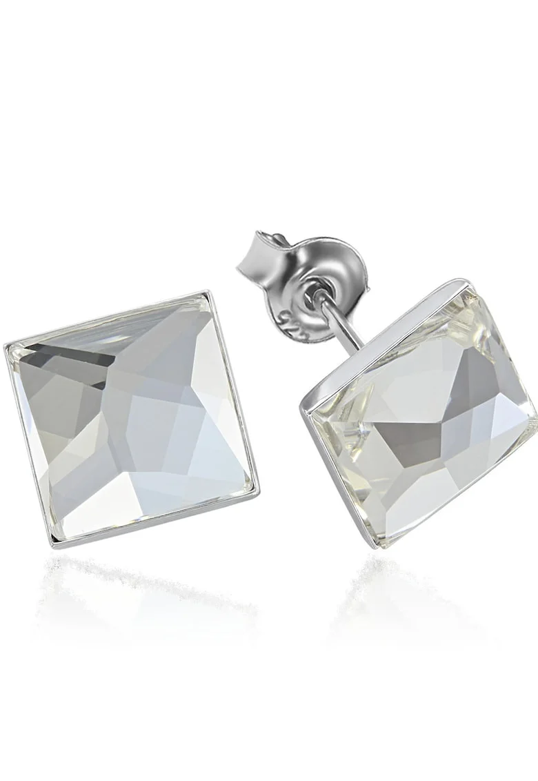 Cercei Argint 925 placat cu rodiu cu cristale Swarovski® Square 10mm, Surub, Alb