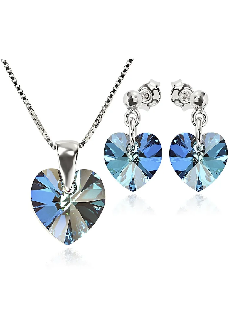 Set Argint 925 placat cu rodiu cu cristale Swarovski® Heart 10 mm Surub + Lant, Verde/Albastru aprins
