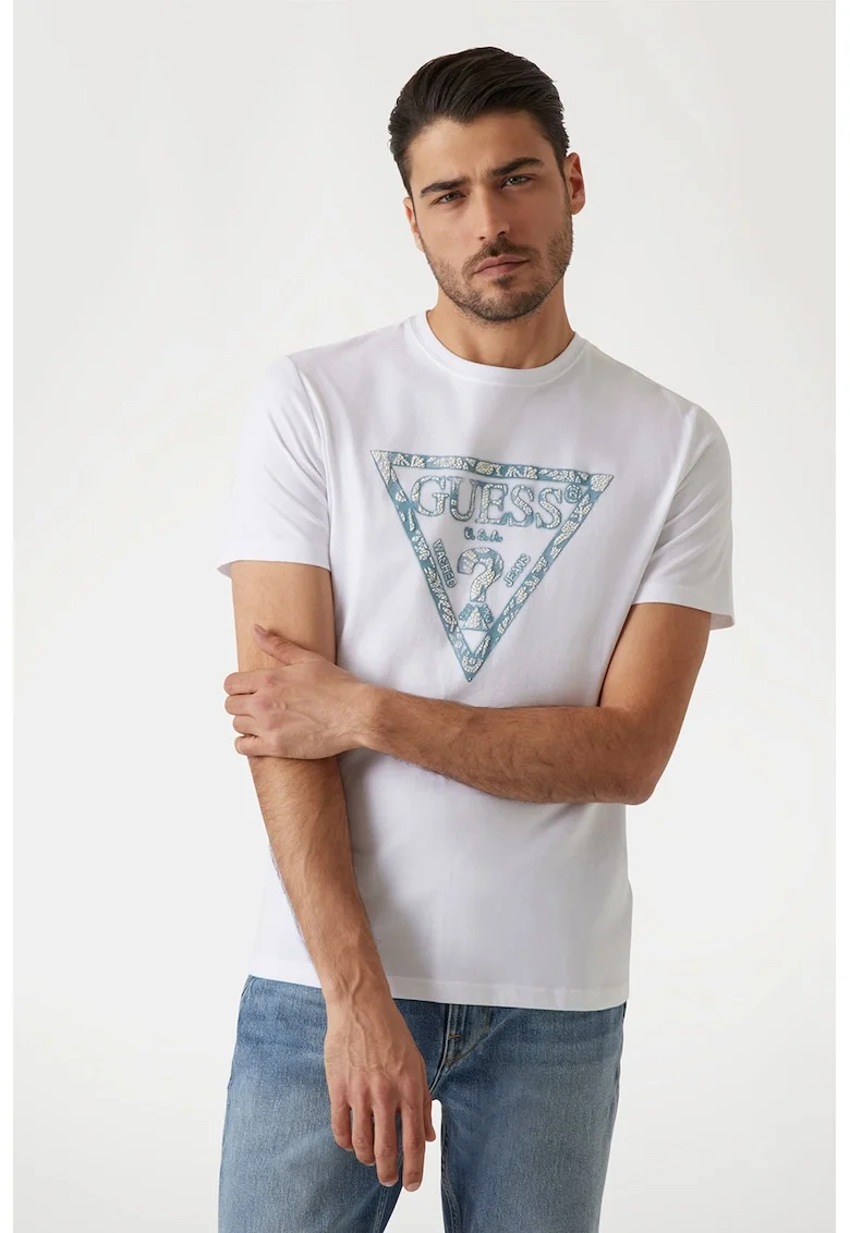 Tricou slim fit cu imprimeu logo, Alb/Alb fildes/Albastru prafuit