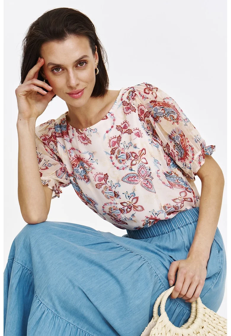 Bluza cu model si maneci medii, Alb fildes/Rosu stins/Albastru deschis