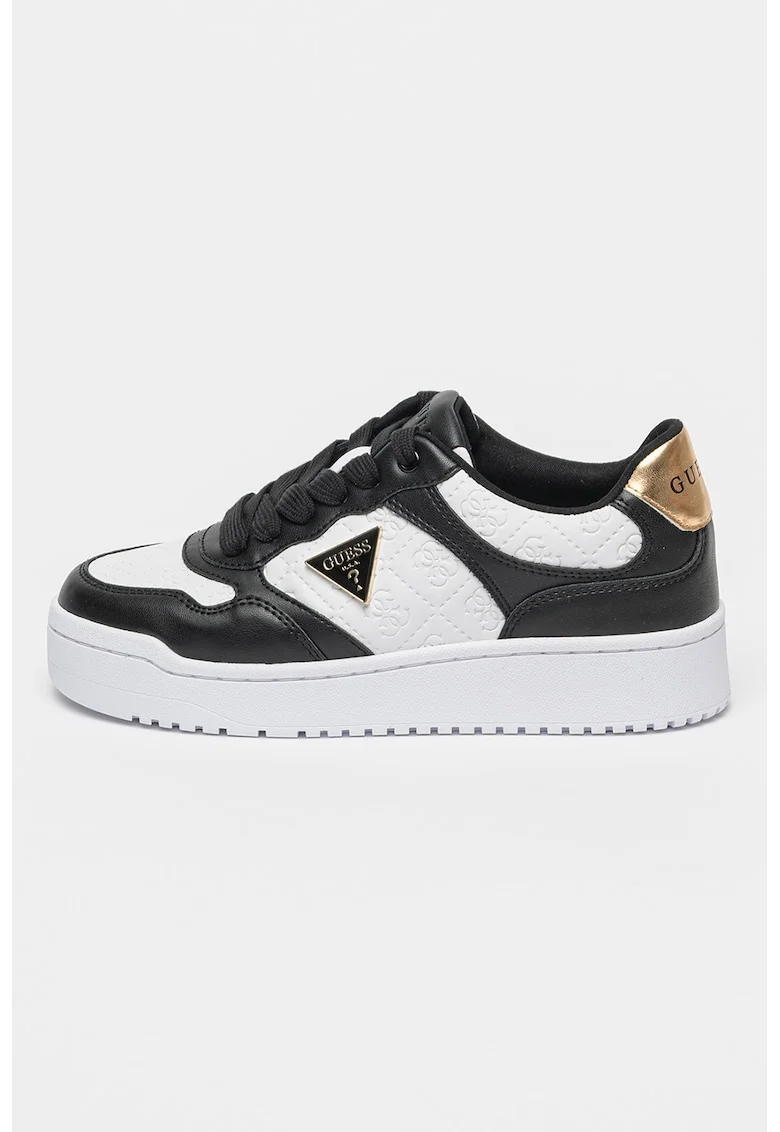 Pantofi sport flatform de piele ecologica cu logo, Negru/Alb optic
