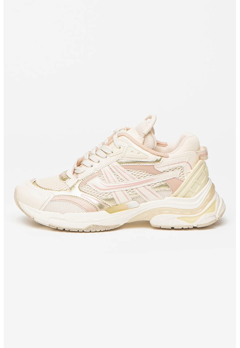 Pantofi sport cu insertii de piele ecologica Race, Auriu/Alb fildes/Roz pastel