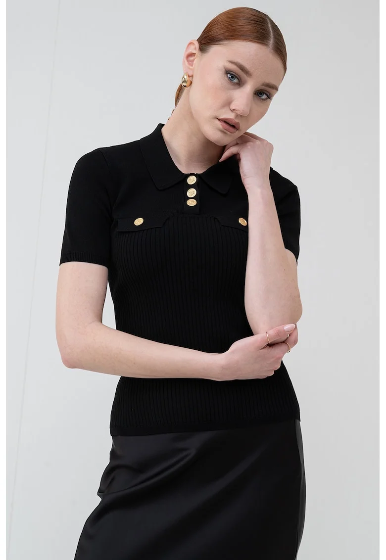 Tricou polo cambrat tricotat fin, Negru