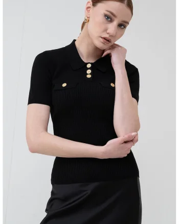 Tricou polo cambrat tricotat fin, Negru