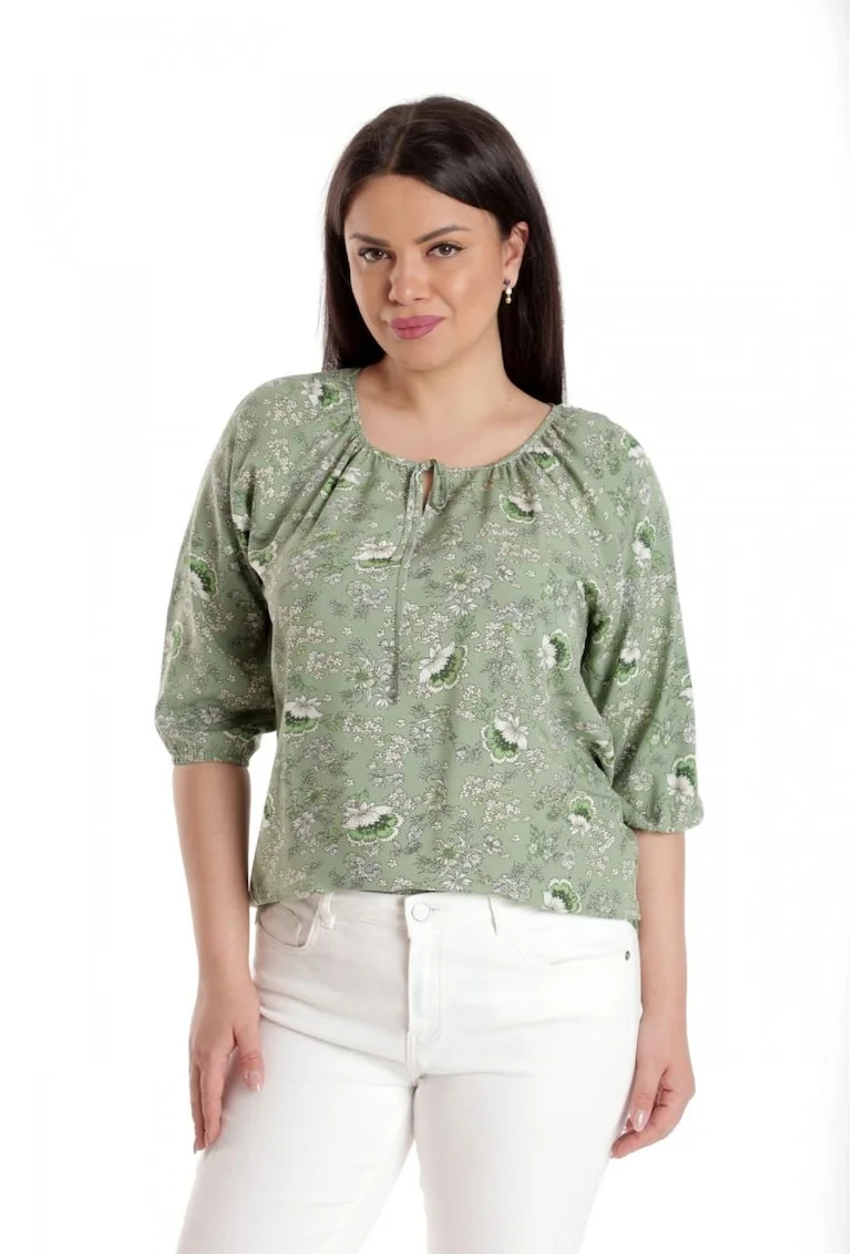 888142602-Bluza Dama, IE, Verde cu imprimeu floral si maneca 3 sferturi, Verde