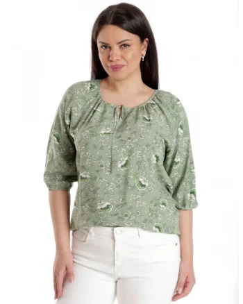 888142602-Bluza Dama, IE, Verde cu imprimeu floral si maneca 3 sferturi, Verde