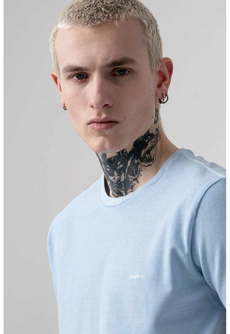Tricou din bumbac cu decolteu la baza gatului, Albastru pastel
