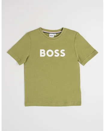 Tricou din bumbac cu imprimeu logo si decolteu la baza gatului, Verde masliniu