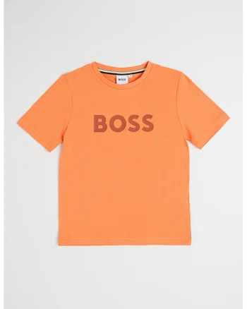 Tricou din bumbac cu imprimeu logo si decolteu la baza gatului, Portocaliu mandarina