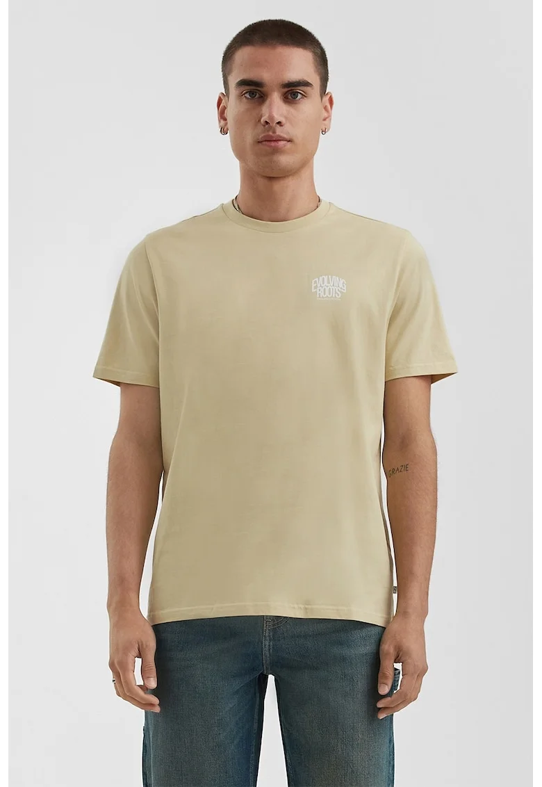 Tricou de bumbac cu decolteu la baza gatului, Bej deschis