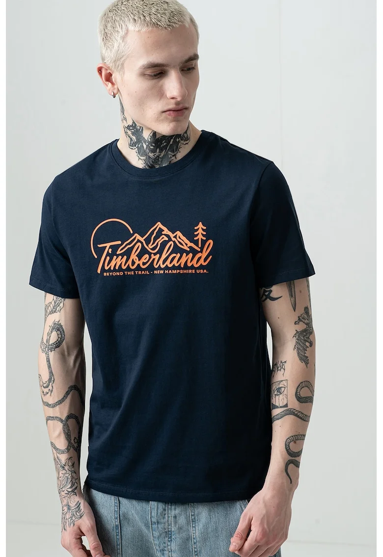Tricou cu logo si decolteu la baza gatului, Portocaliu mandarina/Bleumarin