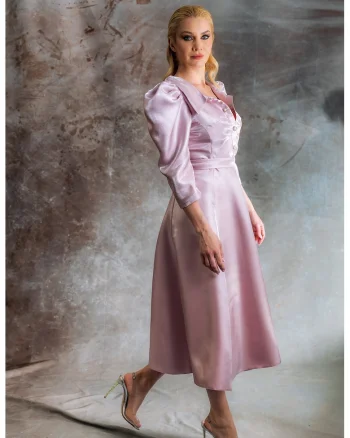 Rochie din tafta cu nasturi tip bijuterie Hayati, Roz pastel