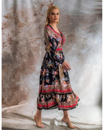 Rochie din amestec de matase Willa, Negru/Albastru pal/Caramiziu