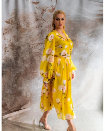 Rochie din amestec de matase Sundream, Galben sofran