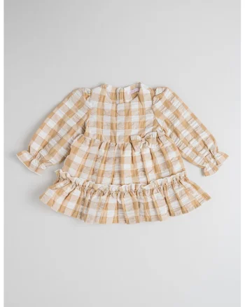 Rochie cu model in carouri si funda, Alb/Maro nisip