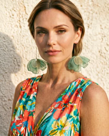 Cercei statement tip floare cu detalii aurii, din matase, stil elegant de vara, verde salvie