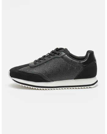 Pantofi sport din piele ecologica cu garnituri din piele intoarsa, pentru alergat, Negru/Alb murdar