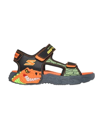 Sandale din piele ecologica cu inchidere velcro, Negru/Portocaliu