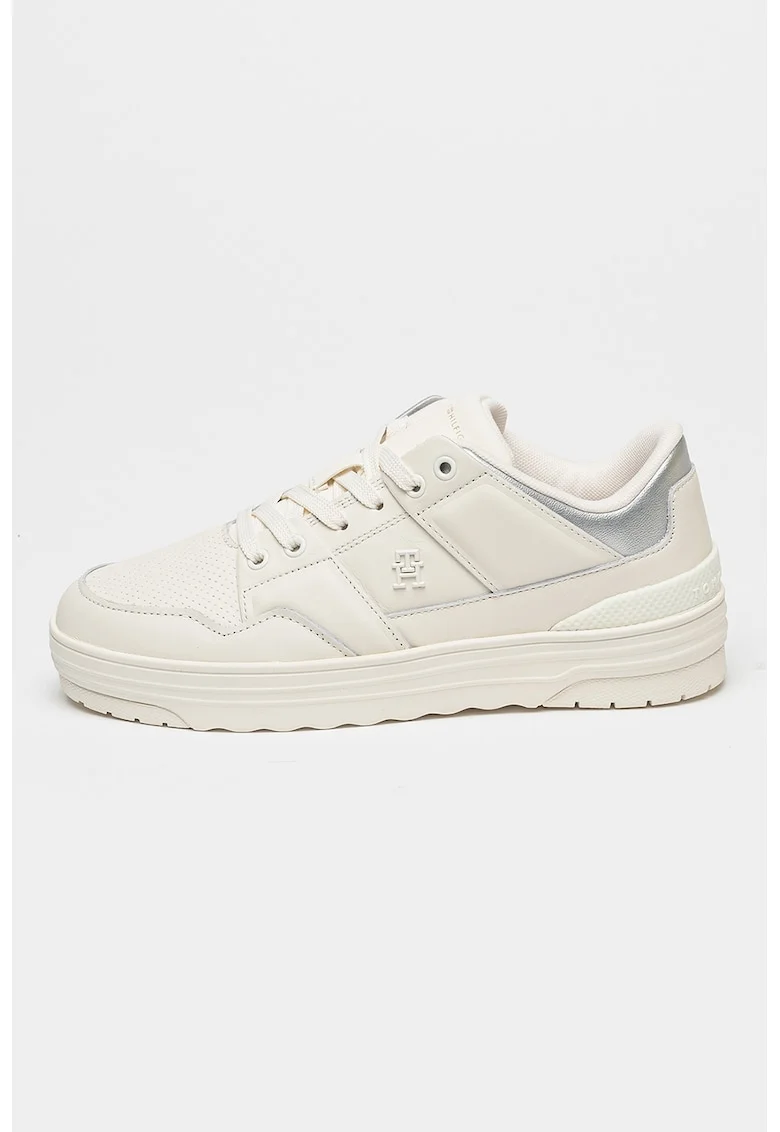 Pantofi sport din piele cu detaliu logo, Alb fildes/Argintiu