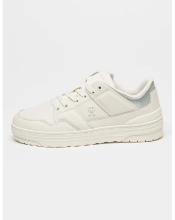 Pantofi sport din piele cu detaliu logo, Alb fildes/Argintiu