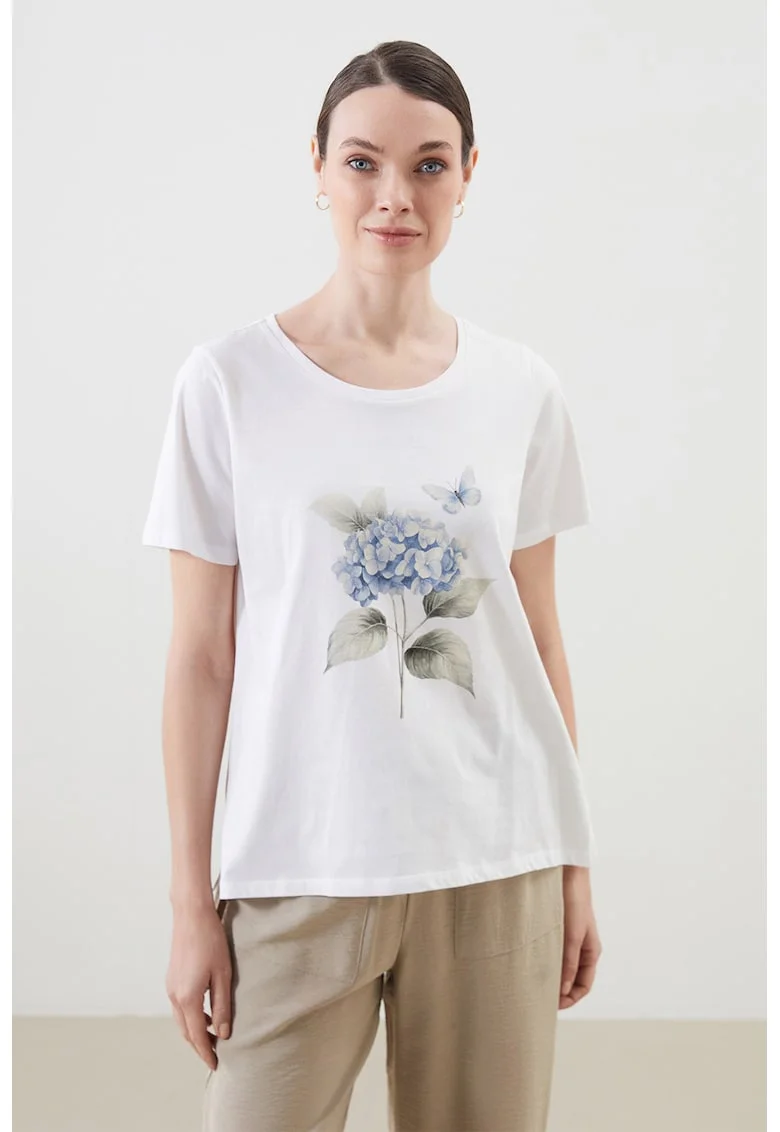 Tricou din bumbac cu imprimeu floral, Alb murdar/Albastru deschis
