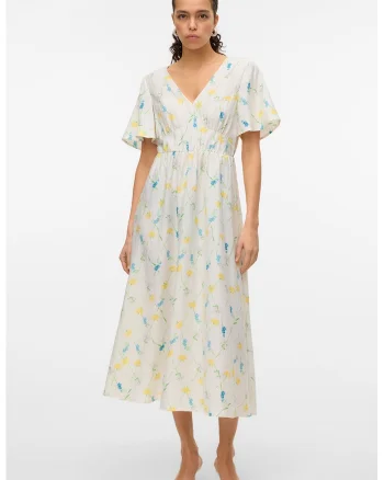 Rochie maxi cu decolteu in V, Alb/Galben/Albastru lavanda