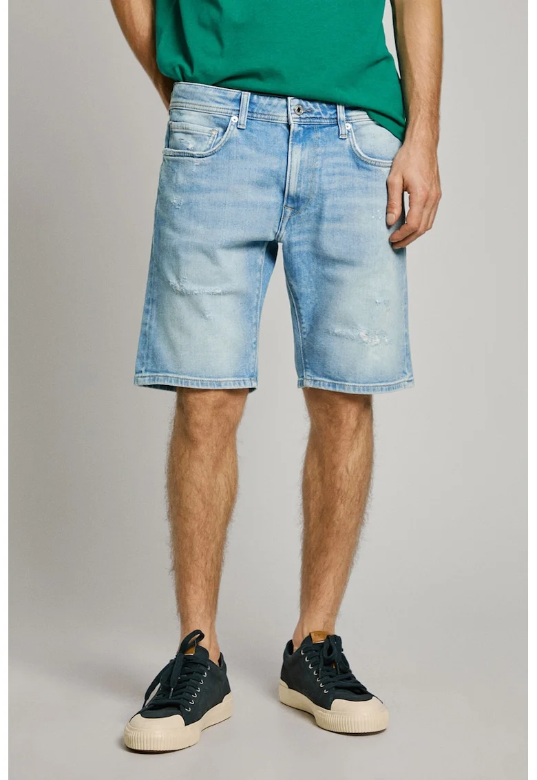 Bermude relaxed fit din denim cu aspect deeteriorat, Albastru pastel