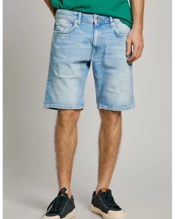 Bermude relaxed fit din denim cu aspect deeteriorat, Albastru pastel