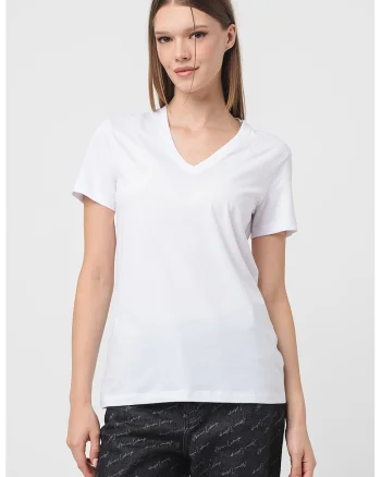 Tricou cu decolteu in V, de bumbac, Alb