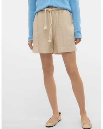 Pantaloni scurti cu talie inalta din amestec de in, Maro nisip