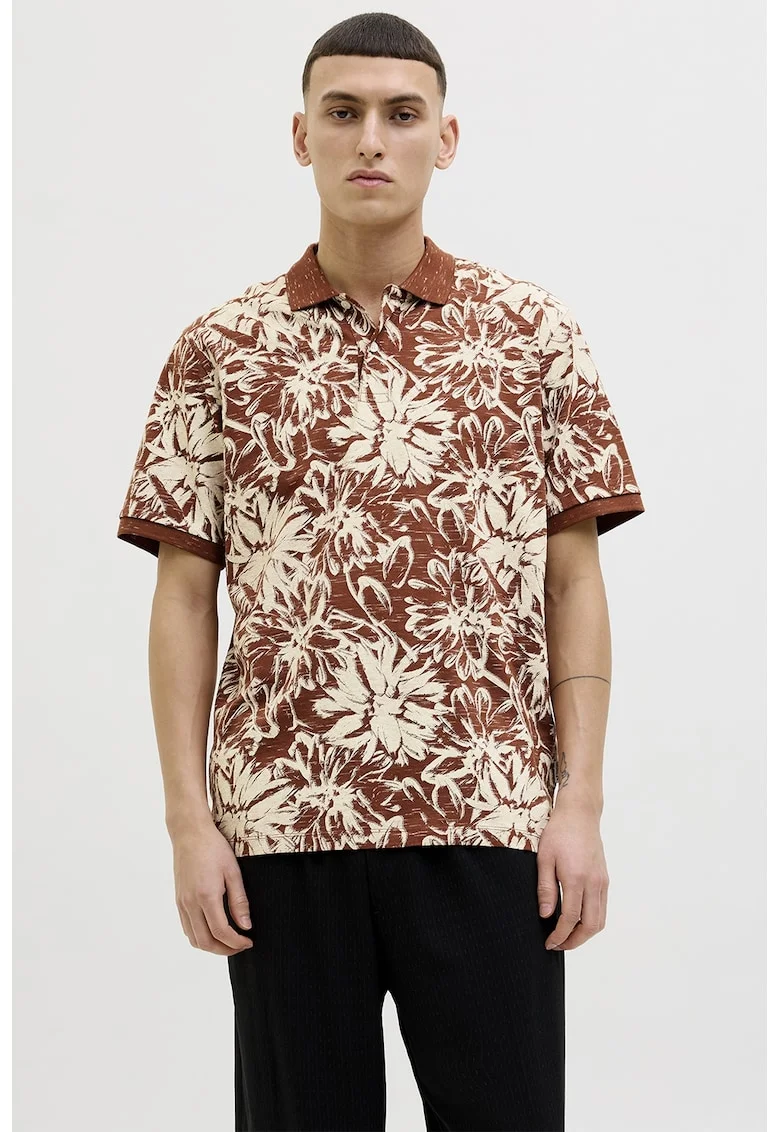 Tricou din amestec de bumbac cu imprimeu Split, Maro cognac/Alb fildes