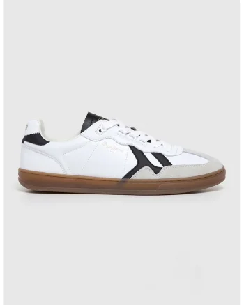 Pantofi sport de piele cu insertii de piele intoarsa, Alb/Negru/Gri deschis