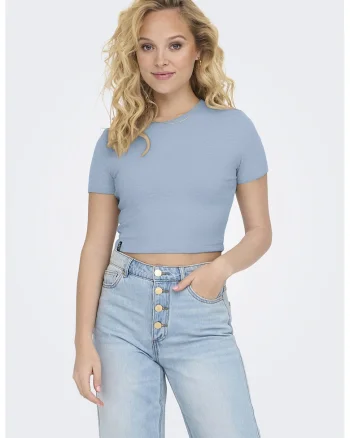 Tricou crop cu decolteu la baza gatului, Albastru prafuit