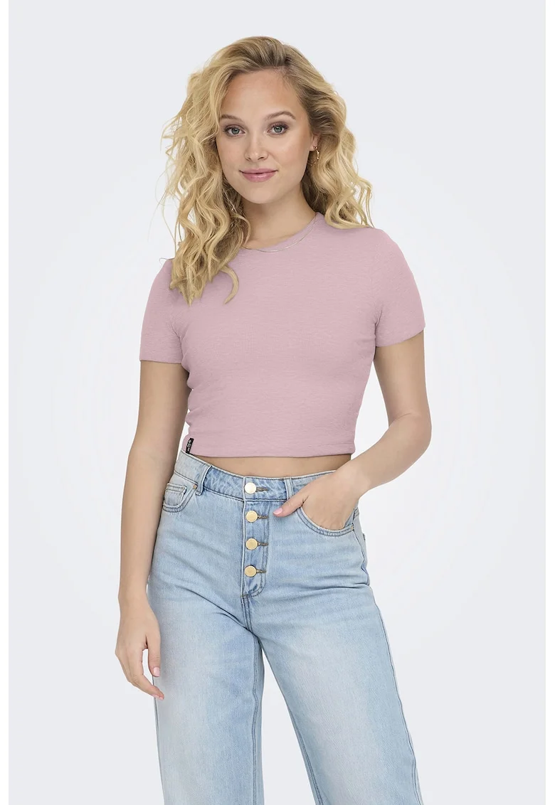 Tricou crop cu decolteu la baza gatului, Roz prafuit