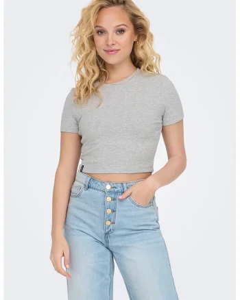 Tricou crop cu decolteu la baza gatului, Gri deschis