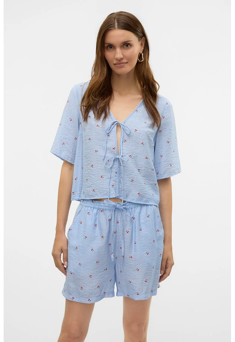 Bluza cu model floral si prinderi laterale, Rosu/Alb/Albastru lavanda