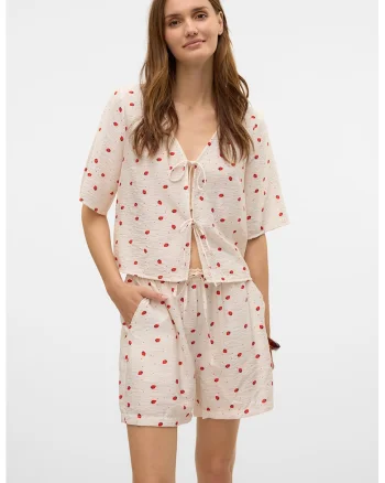 Bluza cu model floral si prinderi laterale, Rosu/Alb fildes