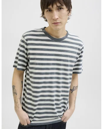 Tricou cu decolteu la baza gatului si model in dungi, Alb optic/Gri antracit