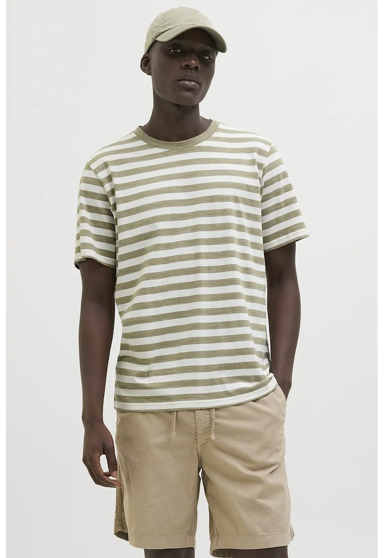 Tricou cu decolteu la baza gatului si model in dungi, Alb fildes/Maro taupe