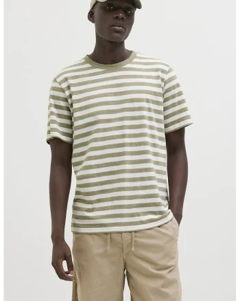 Tricou cu decolteu la baza gatului si model in dungi, Alb fildes/Maro taupe