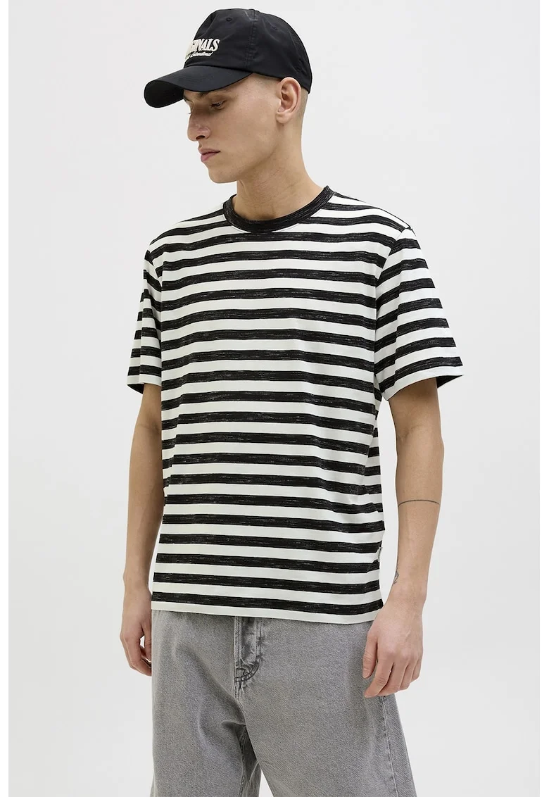 Tricou cu decolteu la baza gatului si model in dungi, Negru stins/Alb optic
