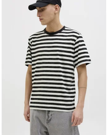 Tricou cu decolteu la baza gatului si model in dungi, Negru stins/Alb optic