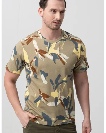 Tricou cu decolteu la baza gatului si model, Galben/Albastru prafuit/Maro taupe