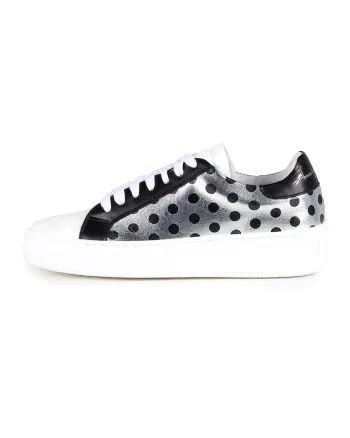 Pantofi sport din piele cu model cu buline, Negru/Alb murdar/Argintiu